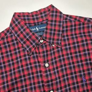 Ralph Lauren Custom Fit Button‎ Down Men’s L Red Black Purple Plaid Long Sleeve